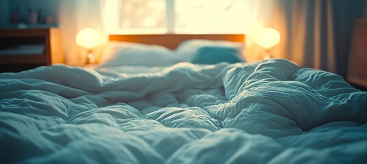 Cozy Bedroom Ambience with Soft Blanket and Warm Lighting for Relaxation and Comfort Moments