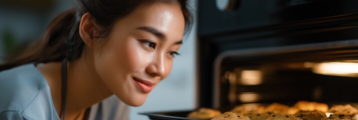 Asian young female baking cookies in oven with joyful anticipation