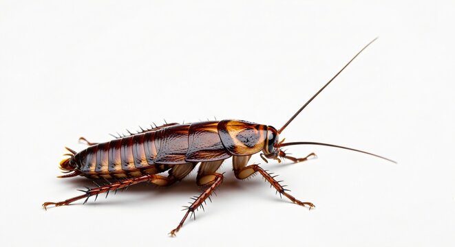 Brown cockroach on a white background. Insect close up. Pest control and infestation concept. Detailed studio shot.
