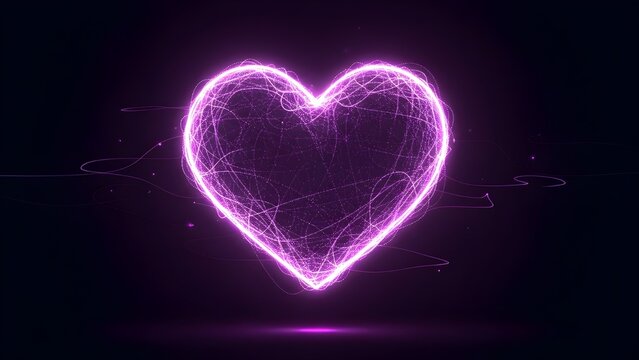 Abstract digital heart glowing with purple particles on a dark background