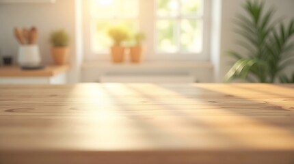 Sunlit wooden table in bright room