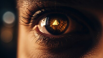 Naklejka premium Woman eye with pyramid reflection symbolizing ancient wisdom and mystery. Spiritual enlightenment and powerful vision concept.