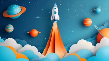 Rocket ship launching in creative paper art style for space exploration theme