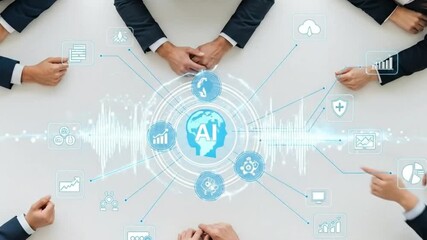 A dynamic team explores cutting edge AI strategies for digital transformation blue AI on white table overhead - Powered by Adobe