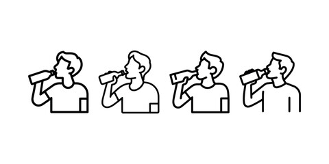 Four different outline icons showing young man drinking from bottle thirsty people hydration refreshment beverage