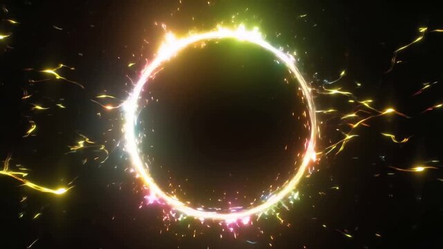 Chroma energy circle, pulsating expanding in rainbow colors, reactive imaginary beats, electric spark trails, flowing light streaks, black background, seamless loop, 4K cinematic stock footage