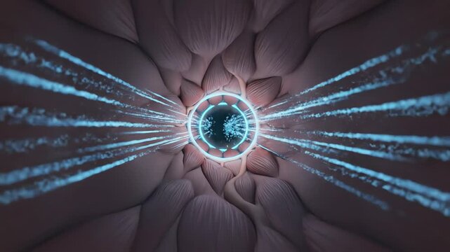 Bronchodilator-like effects in combination cough medicines, where airway smooth muscles gently relax. The tubular airway widens slightly, shown by soft expansion of glowing rings around the lumen