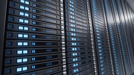 A close-up of a server room featuring rows of server units, showcasing the technology and data storage