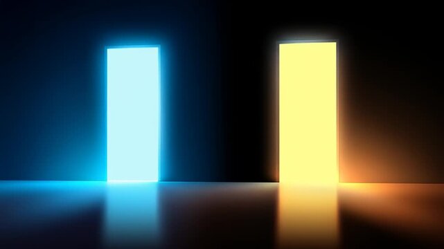 Two open doors, one blue, one yellow, emanate light against dark walls. Reflections create a surreal effect