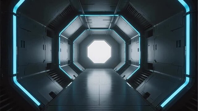 Futuristic corridor with glowing blue lights