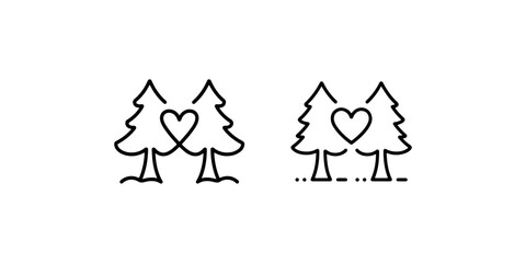 Fototapeta premium Two conifer trees intertwined forming a romantic heart shape symbol of love in nature icon set