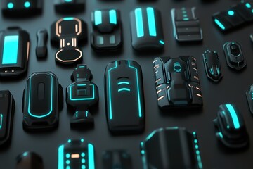 Futuristic technology components with glowing designs on a dark background