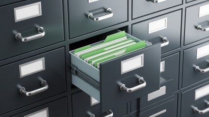 A file cabinet drawer pulled open filled with documents