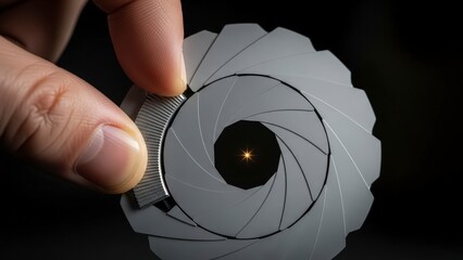 Close-up of a hand adjusting the aperture blades of a camera lens, showcasing the intricate mechanical design and light control mechanism.
