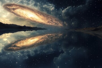 Spectacular view of a galaxy reflected on a calm lake surrounded by mountains at night