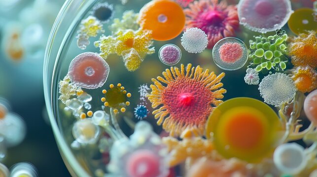 Detailed view of microorganism culture with fungi algae protozoa bacteria