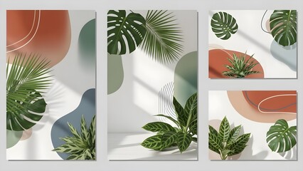 A collection of four framed illustrations featuring tropical plants and abstract shapes in a modern minimalist style with green, orange, and white hues.