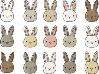 Cute cartoon bunny faces in a variety of pastel colors with different expressions on black background