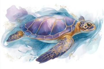 Illustration of sea turtle swimming underwater in watercolor style, marine wildlife, ocean nature, colorful animal, isolated on a white background