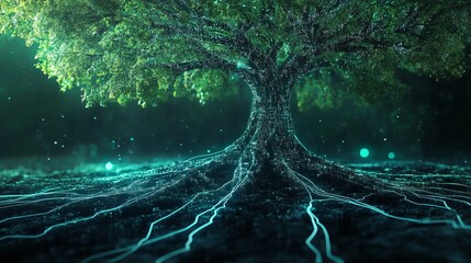 Digital information trees with ai data flowing like roots and branching leaves