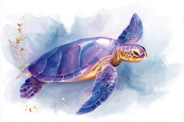 Illustration of sea turtle swimming underwater in watercolor style, marine wildlife, ocean nature, colorful animal, isolated on a white background
