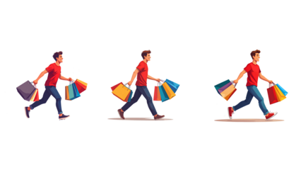 Smiling Man Walking with Shopping Bags, Red T-Shirt, Side View, Flat Clipart Illustration