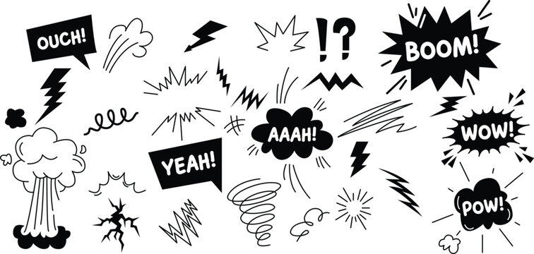Hand drawn comic speech bubble set with pop art sound effects, Black and white cartoon speech bubbles and sound effect text pack vector Illustration.
