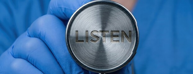 Closeup of a gloved hand holding a stethoscope with the word LISTEN engraved on its diaphragm, symbolizing healthcare and communication