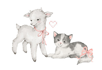 watercolor cute baby goat and kitten with bows. domestic animals. © Kate K.