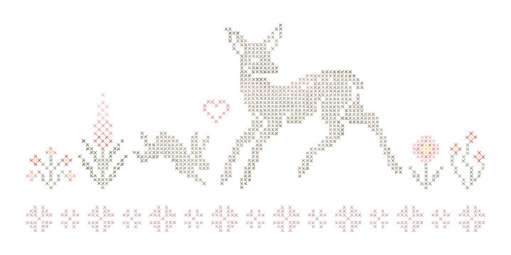 Cross stitches design with animals, flowers. Rabbits, deer