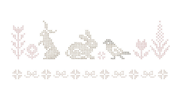 Cross stitches design with animals, flowers. Rabbits, bird