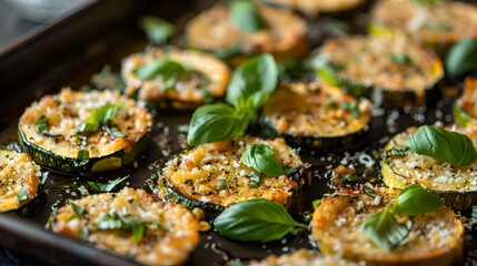 Delicious roasted zucchini rounds with parmesan and basil garnish for gourmet presentation