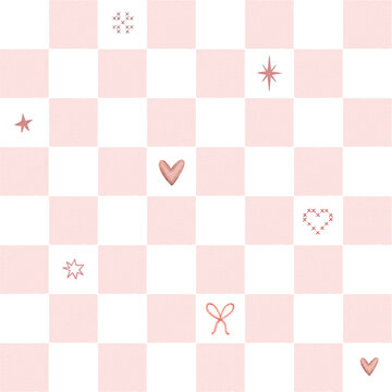 seamless pattern with pink squares, hearts, stars. checkered design