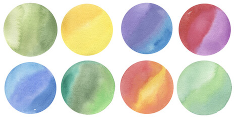 Watercolor hand painted abstract brush circles illustration set, decorative graphic color backdrop collection