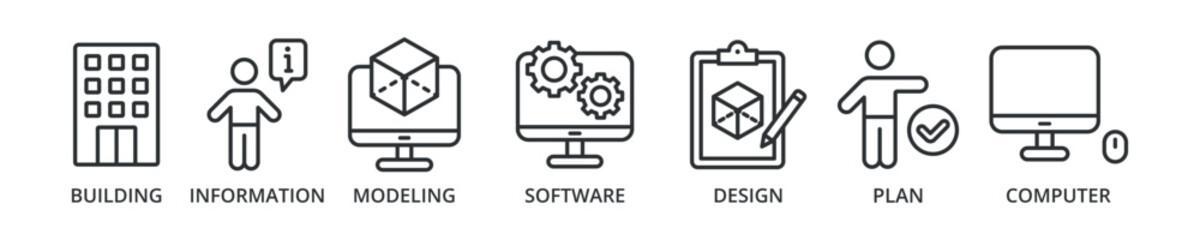 BIM banner icon building, information, modeling, software, design, plan, computer