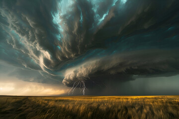 Massive supercell thunderstorm swirling over prairie with lightning