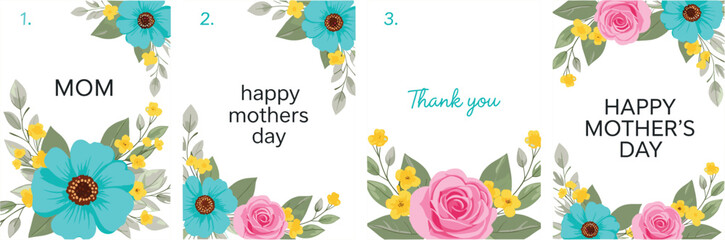 Happy Mothers Day floral frame illustration set with roses leaves thank you message and greeting designs