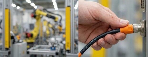 Fototapeta premium Adult hand connecting industrial robot cable in a modern factory, showcasing automation and technology