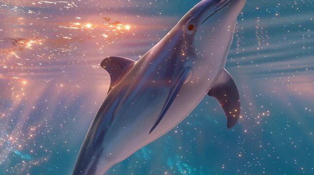 A dolphin in calm water at sunset &mdash; the warm pink-and-gold sky is reflected in the rainbow highlights on the surface. Suitable for themes about the sea, vacation, and nature.