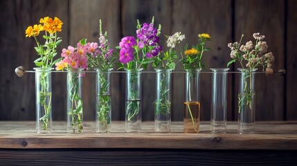 Flowers and plants in test tubes on wooden background biological research