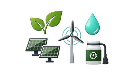 A collection of eco-friendly icons representing sustainable energy and environmental conservation