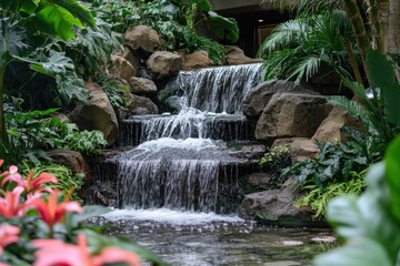 Naklejka premium Serene waterfall cascades over rocks surrounded by lush greenery and colorful plants