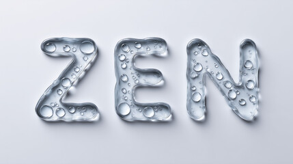 minimalist water droplet typography zen, realistic clear liquid lettering art, serene top view of word zen made of water bubbles