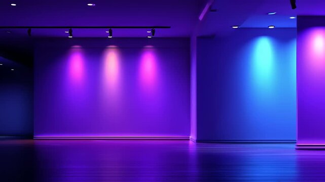 Empty, modern room bathed in purple and blue light from spotlights and ceiling fixtures