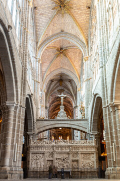 Cathedral of Avila interior nave with plateresque retrochoir and relief sculptures, Spain