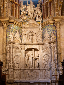 Alabaster altarpiece with Passion of Christ scenes in Avila Cathedral sacristy, Spain