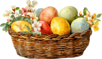 Vibrant Easter eggs nestled in wicker basket with delicate blooms
