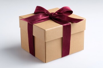Obraz premium Gift box. One beige colored present box tied maroon velvet ribbon and bow. Joy, anticipation of receiving presents. Single 3D Giftbox neat isolated white backdrop. Distinctive festive Christmas gifts.