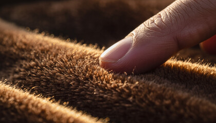 Hyper-realistic macro shot of fingertips touching soft velvet fabric, rich tactile texture, cinematic lighting, shallow depth of field, warm sensory atmosphere, ultra detailed, 8K
