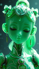 Artistic beauty of a green alien robot woman wearing an evil horror mask with painted carnival expression and glowing green eyes